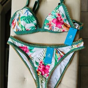 Cupshe Tropical Floral Bikini with Green Trim